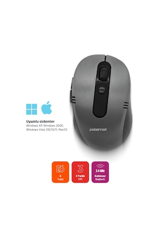 Polosmart Pswm21 Ergonomik Pilli Kablosuz Optik 6 Tuşlu 1600 Dpı Mouse Gri Diğer