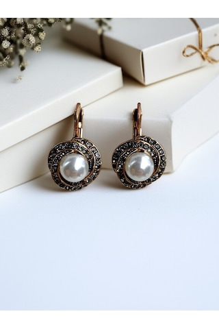 Black Diamond İ Taşlı Inci Sallantılı Küpe Gri