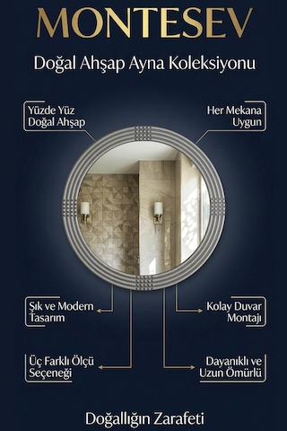 Safir Ahşap Gümüş Yuvarlak Ayna Işlemeli Duvar Banyo Aynası 69 Cm GÜMÜŞ