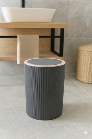 İndecor Houseware Liza Beyaz Çizgili Yuvarlak Banyo Çöp Kovası - Mutfak Çöp Kutusu - Ofis Çöp Kovası 5 Litre Gri