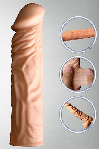Erofoni Yeni Nesil Ucu 5 CM Dolgulu Ultra Süper Realistik 19 CM Uzatmalı Penis Kılıfı﻿﻿