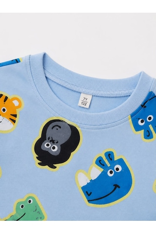 Durukoza %100 Pamuk Erkek Çocuk Pijama Takımı Hayvan Baskılı 4 Mevsim Açik Mavi