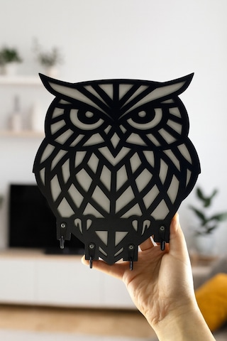 Baykuş Figürlü Duvar Anahtarlık Askısı Siyah - Beyaz