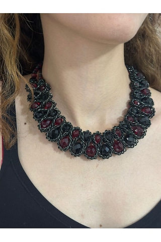 Bordo Kristal Boncuklu Tasarım Kadın Kolye 22 Cm Renkli