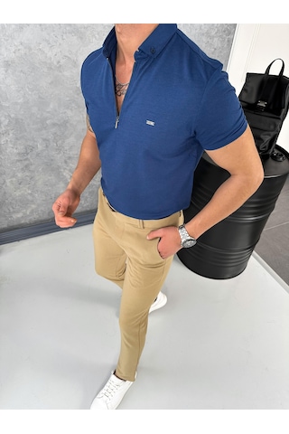 Modefendi Pamuk Likra Slim Fit Kalıp Bebe Yaka Fermuarlı Tshirt Lacivert