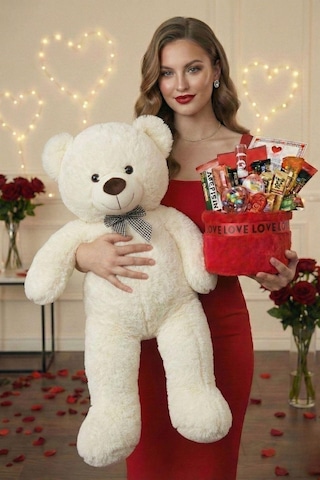 3 Lü Kadınlar Günü Hediye Seti 90 Cm Peluş Ayı, Love Çikolata Sepeti & Mavi Peluş Ayıcık Buketi 27147166