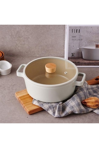 Neoflam Fika Cam Kapaklı Allüminyum Döküm Derin Tencere 22  CM Krem