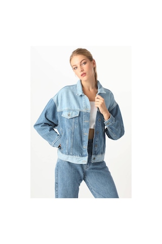 Kadın Renk Bloklu Oversize Jean Ceket Mavi 001