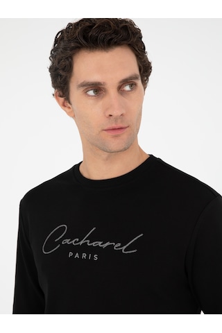 Siyah Regular Fit Bisiklet Yaka Pamuklu Sweatshirt