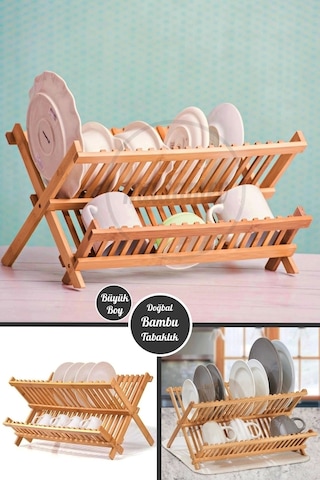 Madamev 2 Katlı Bambu Katlanabilir Tabaklık Bulaşıklık Büyük Boy Mutfak Dekoratif Bulaşık Kurutma Ra Bambu