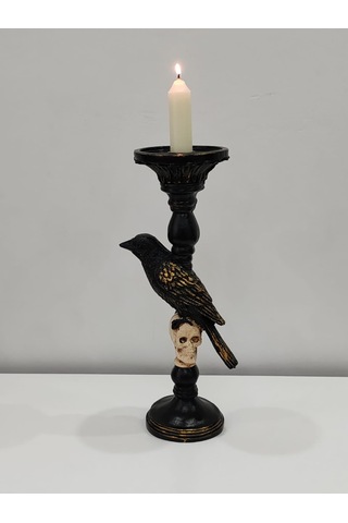 Gotik Tasarım Siyah Kuş Ve Kafatası Şamdan, Mumluk, El Yapımı, Ev Dekoru Siyah