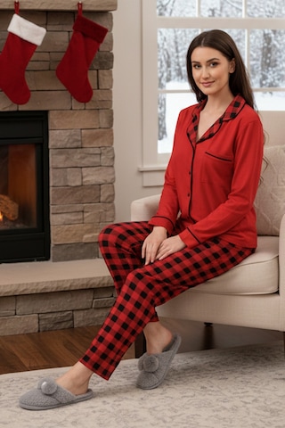Remsa Kadın Kare Desenli Önü Düğmeli Yumuşak Milan Kumaş Pijama Takımı 250350 Kırmızı01 Kımızı01
