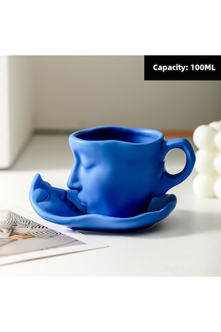 Xiyyadms Kollektif Yüz Desenli Seramik Espresso/çay Bardağı - 100ml Mavi, Özel Günler İçin Kaliteli Hediyelik Ürün, Isı Saklama Özelliği