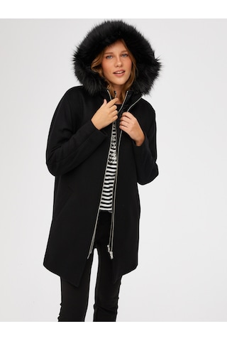 Kapitone Detaylı Kürk Kapüşonlu Yünlü Kaban 00040 B0004010 Siyah
