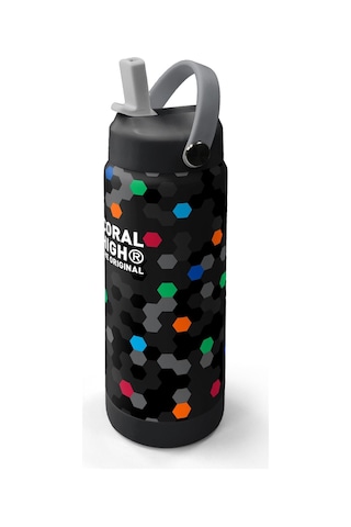 Coral High 650 Ml Erkek Çocuk Siyah Petek Desenli Çelik Suluk/matara Pipetli 38310 Siyah - Turuncu