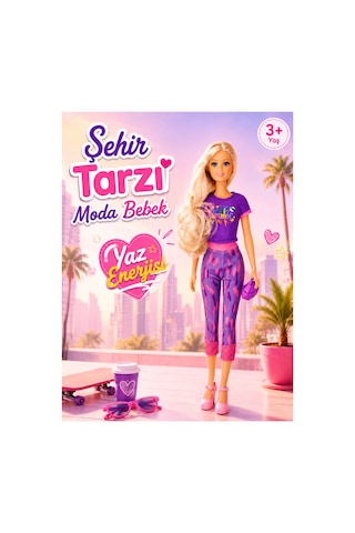Şehir Tarzı Moda Bebek - Mor Yazlık Kıyafetli Uzun Sarı Saçlı Manken Bebek - Kız Çocuk Hediye 3+ Yaş Mor Kıyafetli - Uzun Sarı Saçlı