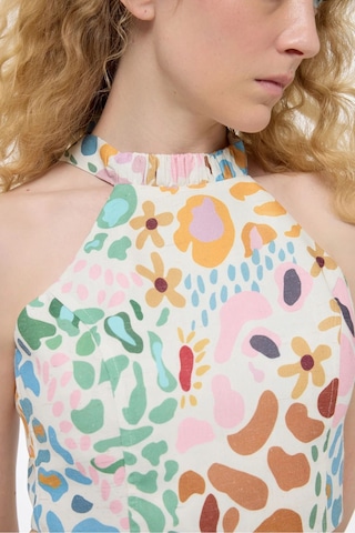 Fashion Cocktail Rengarenk Desenli Baskılı Çift Sırt Bağlamalı Boyunlu Kolsuz Bluz Krem