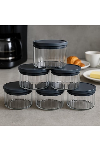 6'lı Borosilikat Cizgili Cam Kahvaltılık Seti - Sızdırmaz Silikonlu Plastik Kapak - 90 X 70 Mm-400 Ml Beyaz