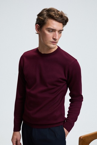 Grimelange VAREX Erkek Yuvarlak Yaka Basic Slim Fit Triko Bordo Kazak