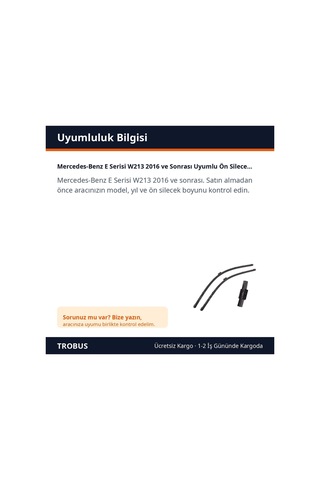 Trobus Mercedes-benz E Serisi W213 2016 Ve Sonrası Uyumlu Ön Silecek Süpürge Takımı
