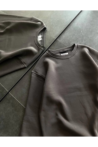 Primemagazam Kadın Bisiklet Yaka 3 İplik Pamuklu Basic Sweatshirt - Füme Çeşitli
