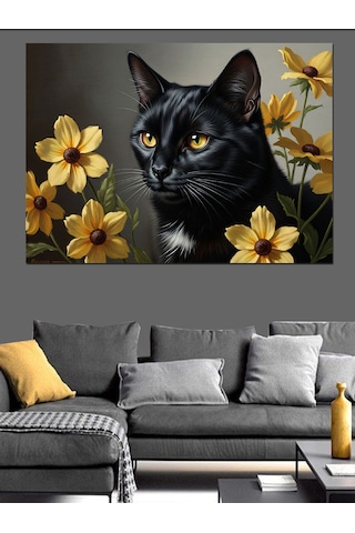 Ahşap Tablo Çiçekler İçinde Siyah Kedi Portresi Şehir Tabloları