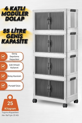 4 Katlı Modüler Dolap, 55 Litre, 360 Tekerlekli, Çok Amaçlı Saklama Ünitesi, Banyo Ve Mutfak Dolabı Beyaz