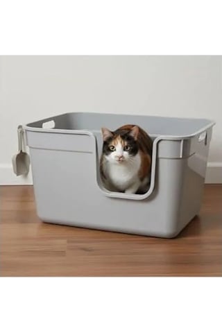 54x40x32 Cm Ölçülerinde Yarı Açık Kedi Tuvaleti, Gri Renk Seçeneği Açık Ahşap