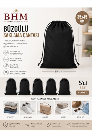 5'li Büzgülü Saklama Çantası 35x45 Cm Nefes Alan Ayakkabı Kılıfı Toz Koruyucu Organizer Siyah
