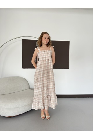 Verymoda Kadın Ekose Desenli Askı Bağlama Detaylı Maxi Elbise Kahve
