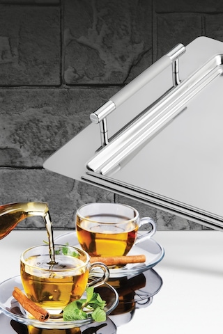 Polochef Ece Çay Kahve Sunum Tepsisi Paslanmaz Çelik Gümüş