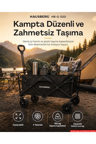 Hausberg Camping Katlanır Kamp Arabası 360 Dönen Kalın Tekerlekli Katlanabilir Vagon, Su Geçirmez Plaj / Pazar / Piknik / Bahçe Taşıma Arabası Siyah Hb-g 020