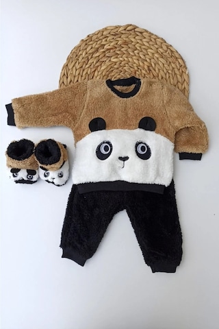 Mai Perla Panda Nakışlı Welsoft Peluş 3'lü Bebek Takım Siyah