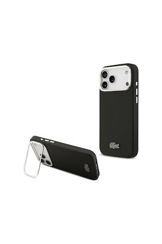 Apple Uyumlu iPhone 17 Pro Max Kılıf Lacoste Lisanslı M-safe Şarjlı Pu Pike Desenli Standlı Metal Logolu Siyah