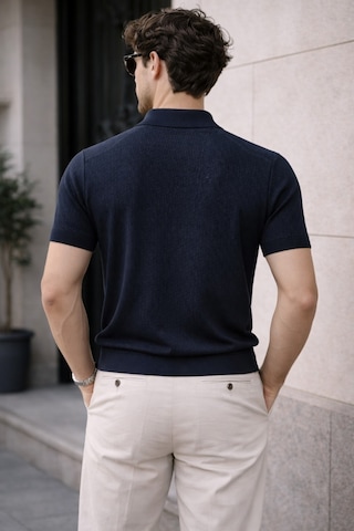 Erkek Fermuarlı Polo Yaka Triko Tişört Slim Fit Dokulu Yazlık Şık Casual Lacivert