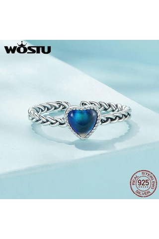 Wostu 925 Ayar Gümüş Duygu Taş Renk Değişimi Kalp Ayarlanabilir Yüzük Platin Kaplama Kadınlar İçin Parti Güzel Takı