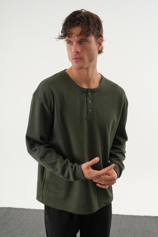 Redline Taren Oversize Erkek Kışlık Düğmeli Sweatshirt Haki