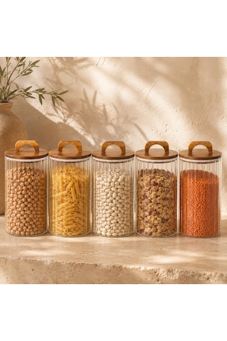 3200 Ml Zahire Kavanozu 5'li Set, Ahşap Kapaklı Kulplu Cam Erzak Saklama Kabı, Büyük Boy Bakliyat Makarna Kahve Kuruyemiş Saklama Kavanozu, Ribbed Cam Mutfak Düzenleyici Kavanoz Seti Çok Renkli