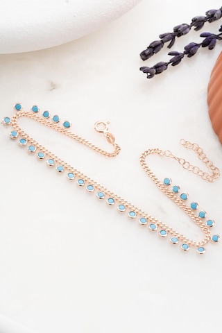 925 Ayar Gümüş Rose Kaplama Gurmet Zincirli Turkuaz Taşlı Halhal Rose Gold