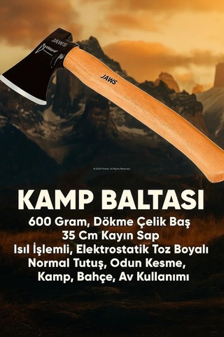 Lexroo Jaws Kamp Baltası, 600 Gram, Dökme Çelik Baş, 35 Cm Kayın Sap, Isıl İşlemli