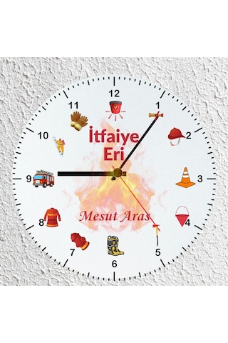 Kişiye Özel İsimli İtfaiyeci Cam Duvar Saati 30x30 Cm - İtfaiye Eri Meslek Hediyesi Çok Reenkli