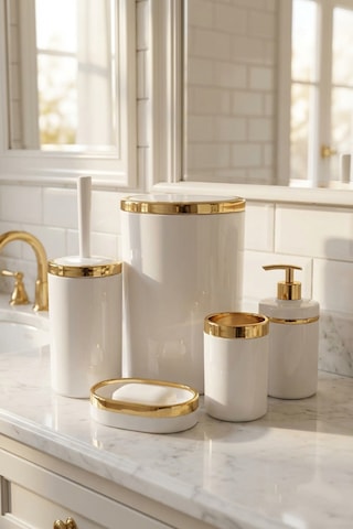 Makri Home Banyo Seti 5'li,akrilik-çöpkovası,wc Fırçalık,sıvı Sabunluk,diş Fırçalık,el Sabunluk,gold Renk Detay Beyaz