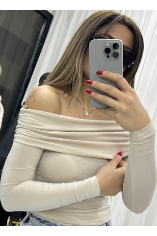Daves Madonna Yaka Drapeli Uzun Kollu Sandy Body Bluz-taş TAŞ Taş