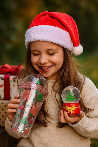 Trend Yeniyıl Yılbaşı 2'li Hediye Seti Noel Geyikli Pipetli Suluk Çam Ağacı Temalı Işıklı Kar Küresi Çok Renkli