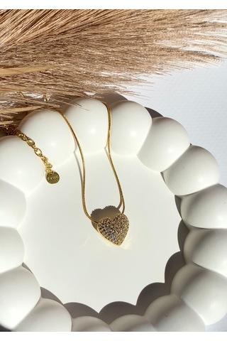 Altın / Gold Renk Zirkon Taşlı Kalp Figürlü 316l Çelik Kolye Gold