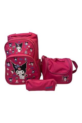 Kuromi Desenli Üçlü Kız Çocuk İlkokul Çantası + Termal Beslenme Çantası + Kalemlik Pembe