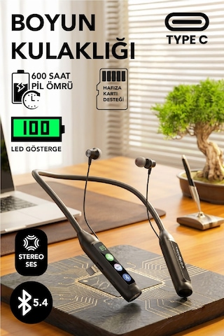 600 Saat Sporcu Kulaklığı Kablosuz Bluetoot Kulaklık Led Göstergeli Boyunluk Kulaklık Stereo V5.4