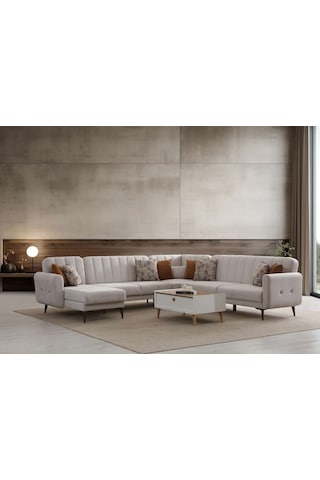 Bona Dinlenme+3+l Köşe+2 Köşe Takımı Bej Valebo-03 Ceviz Ayak Bej