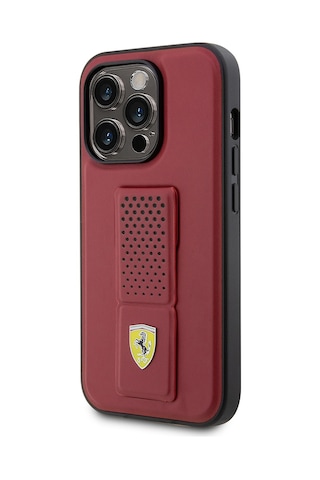 Apple Uyumlu iPhone 14 Pro Kılıf Ferrari Lisanlı Klasik Metal Logolu Delikli Standlı Deri Kapak Kırmızı