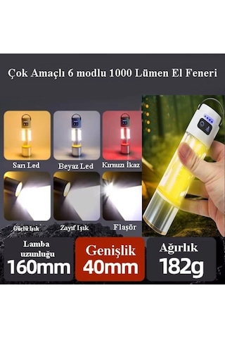 Gp-222 Zoomlu 1000lm Şarjlı Çok Fonksiyonlu El Feneri - Beyaz-kırmızı-sarı Ledli 6 Mod Kamp Lambası Çok Renkli